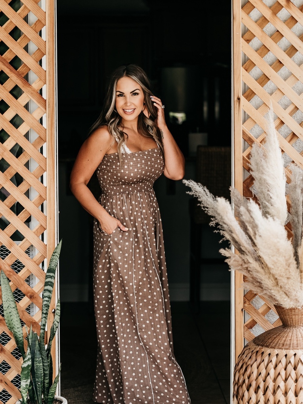 BUCKETLIST Brown Polka Dot Smocked Jumpsuit